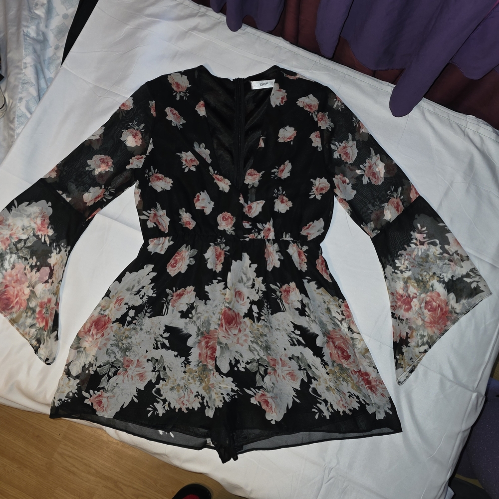 Floral Bell Sleeve Romper Shorts W/ Deep V Cut